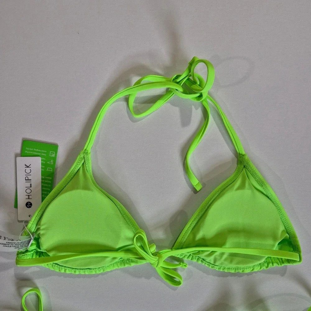 Holipick Womens Neon Lime Green‎ Triangle Side Tie Bikini Swimsuit Set XS NWT